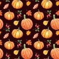 Watercolor fall plants seamless pattern. hand painted pumkins illustration, orange, red and yellow leaves and berries Royalty Free Stock Photo