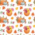 Watercolor fall plants seamless pattern. hand painted pumkins illustration, orange, red and yellow leaves and berries