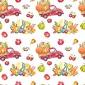 Watercolor fall pumpkin car seamless pattern. Autumn pickup red truck and pumpkins print on white background