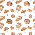 Watercolor fall season seamless pattern. Coffee latte, pumpkin pie, umbrella, foliage on white background. Autumn illustration