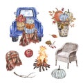Watercolor fall set. Hand painted pumpkin truck, warm blanket, cozy chair, campfire, isolated. Autumn season illustration