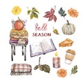 Watercolor fall themed illustrations set. Warm sweaters, candles, book, cozy blanket, pumpkin spice latte, pumpkins.