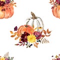 Watercolor fall-themed seamless pattern with hand-painted white and orange pumpkin arranegement Royalty Free Stock Photo