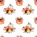 Watercolor autumn seamless pattern with pumpkins and flowers. Fall red, burgundy, purple flowers, dry orange leaves Royalty Free Stock Photo