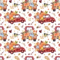 Watercolor fall-themed seamless pattern with red buffalo plaid truck and pumpkins. Hand painted autumn print Royalty Free Stock Photo