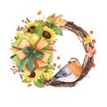 Watercolor fall wreath with autumn leaves, pumpkins, sunflowers , bright bow and robin bird Royalty Free Stock Photo