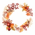 Watercolor Fall Wreath Clipart: Autumn Leaves, Berries, And Twigs Royalty Free Stock Photo