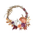 Watercolor fall wreath illustration. Hand painted pumpkins and foliage. Autumn frame decor