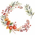 Watercolor Fall Wreath With Red Berries And Leaves - Unique Tropical Symbolism Royalty Free Stock Photo