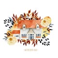 Watercolor family house with floral elements