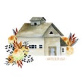 Watercolor family house with flower bouquets