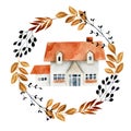 Watercolor family house inside the wreath