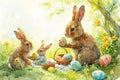 Watercolor family of rabbits around a basket filled with Easter eggs, sunny meadow with dandelions and buttercups