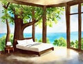 Watercolor of Fantasy bedroom with a wooden bed and a tree Royalty Free Stock Photo