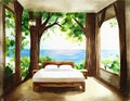 Watercolor of Fantasy bedroom with a wooden bed and a tree Royalty Free Stock Photo