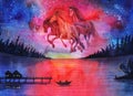 Watercolor fantasy cosmic horses landscape, beautiful abstract space painting with stars in sky and night forest, galaxy drawing a Royalty Free Stock Photo