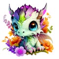 Cute painting of a adorable Smile Baby Dragon Colorful with Flower