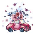 Watercolor Fantasy Greeting Card With Cute Red Retro Car, Wild F