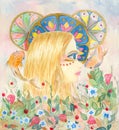 Watercolor fantasy illustration of an young blond girl