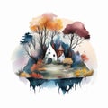 Watercolor Fantasy Landscape with autumn trees lake Royalty Free Stock Photo