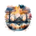 Watercolor Fantasy Landscape with autumn trees lake Royalty Free Stock Photo