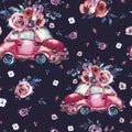 Watercolor Fantasy Seamless Pattern With Cute Red Retro Car, Wil