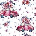 Watercolor Fantasy Seamless Pattern With Cute Red Retro Car, Wil
