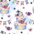 Watercolor Fantasy Seamless Pattern with Wedding Cake, Red Roses Royalty Free Stock Photo