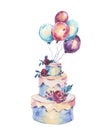 Watercolor Fantasy Wedding Cake with Red Roses, Air Balloons. Royalty Free Stock Photo