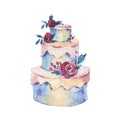 Watercolor Fantasy Wedding Cake with Red Roses. Hand Drawn Baker Royalty Free Stock Photo