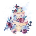 Watercolor Fantasy Wedding Cake with Red Roses. Hand Drawn Baker Royalty Free Stock Photo