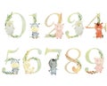 Watercolor farm animals numbers.