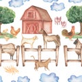 Watercolor farm animals seamless pattern. Hand drawn objects: cute pink pig, sheep, horse, ruster, funny cow, cat, barn, fence, Royalty Free Stock Photo