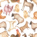 Watercolor farm animals seamless pattern. Hand drawn objects: cute pink pig, sheep, horse, ruster, funny cow, cat, dog and hen Royalty Free Stock Photo