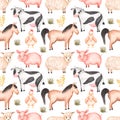 Watercolor farm animals seamless pattern. Hand drawn objects: cute pink pig, white sheep, horse, funny cow and hen print. Country Royalty Free Stock Photo