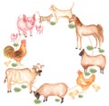 Watercolor farm animals wreath illustration. Hand drawn animal: cute pink pig, sheep, horse, cow, dog and hen print. Country life