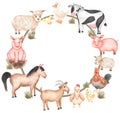 Watercolor farm animals wreath illustration. Hand drawn objects: cute pink pig, white sheep, horse, funny cow and hen print.