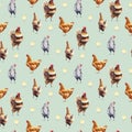 Watercolor farm poultry yard birds seamless pattern Royalty Free Stock Photo