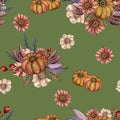 Watercolor farm pumpkin squash leaves flower tree forest Halloween thanksgiving seamless pattern, textile, fabric, paper print, Royalty Free Stock Photo
