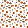 Watercolor farm pumpkin squash leaves flower tree forest Halloween thanksgiving seamless pattern, textile, fabric, paper print, Royalty Free Stock Photo