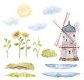 Watercolor Farm Scene Clipart, Farm Mill Illustrations, Sunflower Farm Illustrations