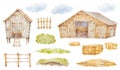 Watercolor Farm Scene Clipart, Wood Farmhouse Watercolor Clipart