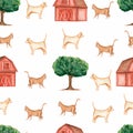 Watercolor farm  seamless pattern.Domestic animals. Hand drawn objects:cat,dog,tree,barn. Hand drawn background. Royalty Free Stock Photo