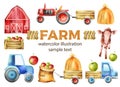 Watercolor farm vehicles and buildings set. Cow, tractor with tow, apples in wooden box, red farm and haystack