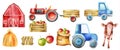 Watercolor farm vehicles and buildings set. Cow, tractor with tow, apples in wooden box, red farm and haystack