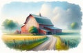 Watercolor Farming Scene Pastel Colored Springtime Barn Country AI Generated Painting