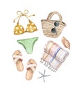 Watercolor swim wear for beach, symbols of summer vacations. Cute hand painted bikini, sandals, sunglasses, straw bag