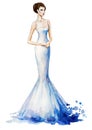 Watercolor fashion illustration, Beautiful young girl in a long dress. Wedding dress Royalty Free Stock Photo