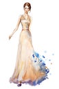 Watercolor fashion illustration, Beautiful young girl in a long dress. Wedding dress Royalty Free Stock Photo