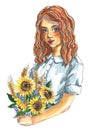 Watercolor fashion illustration, girl with a summer bouquet of yellow sunflowers Royalty Free Stock Photo